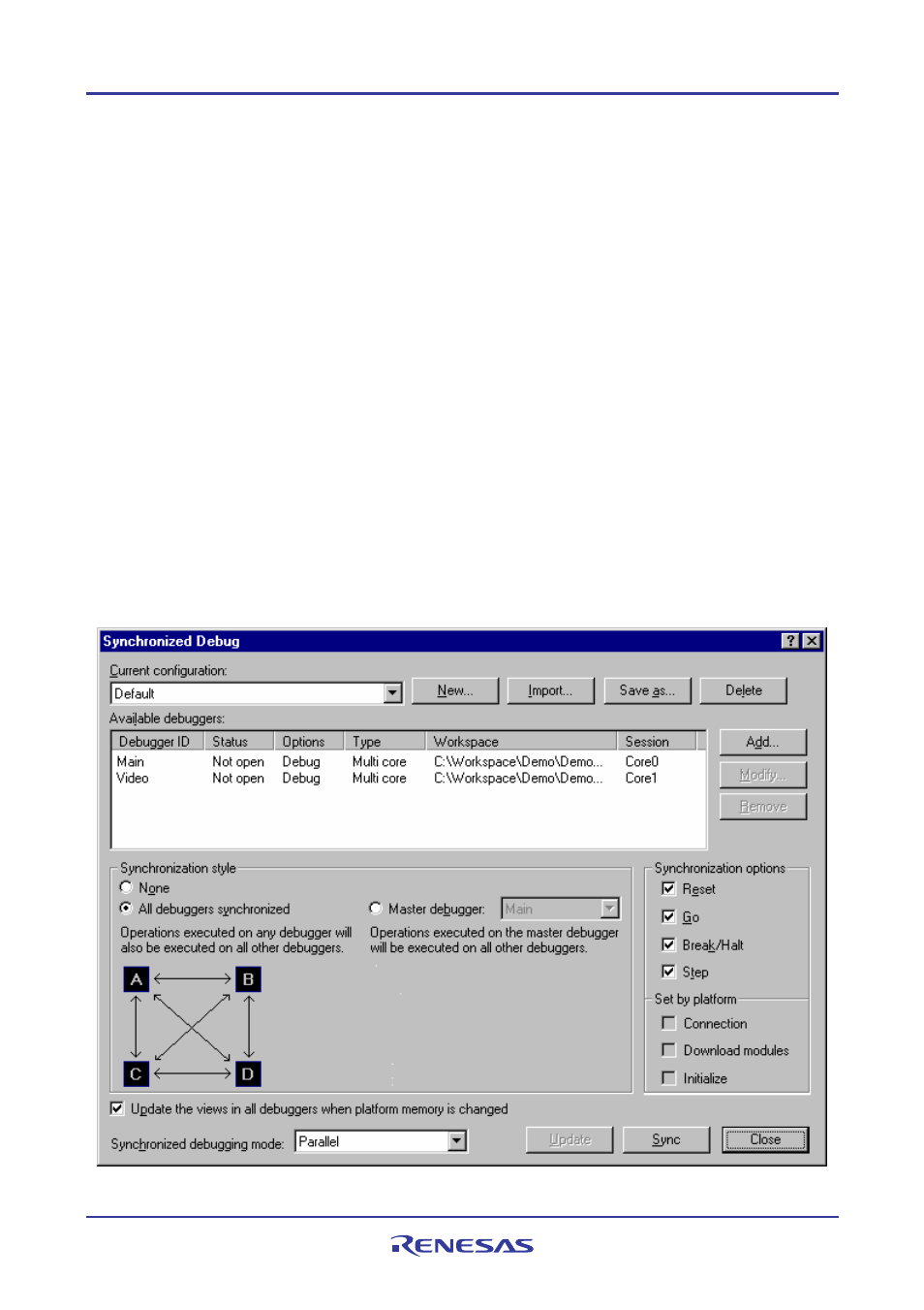 Synchronized debugging, 1 the synchronized debug dialog box | Renesas REJ10J1837-0100 User Manual | Page 391 / 439