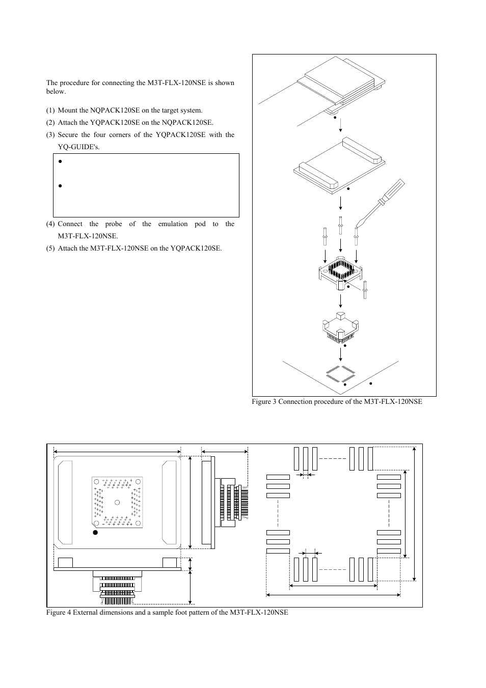 Connection procedure, External dimensions and a sample foot pattern, Connection procedure (see figure 3) | Renesas M3T-FLX-120NSE User Manual | Page 5 / 6