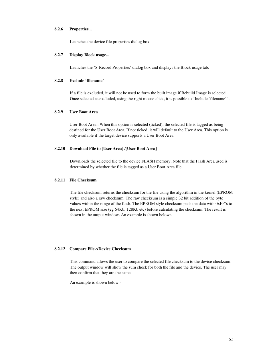 6 properties, 7 display block usage, 8 exclude ‘filename | 9 user boot area, 10 download file to [user area] /[user boot area, 11 file checksum, 12 compare file->device checksum | Renesas Single-Chip Microcomputer M306NKT3 User Manual | Page 101 / 147