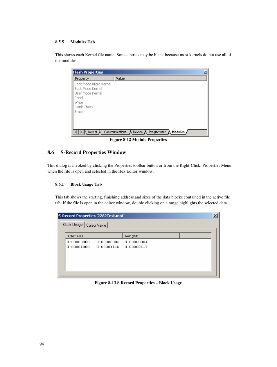 5 modules tab, 6 s-record properties window, 1 block usage tab | Renesas Single-Chip Microcomputer M306NKT3 User Manual | Page 110 / 147