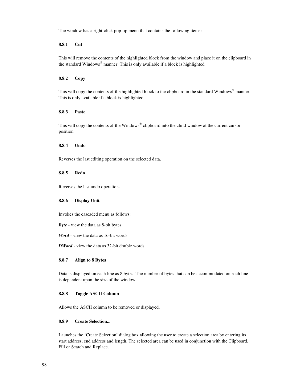 1 cut, 2 copy, 3 paste | 4 undo, 5 redo, 6 display unit, 7 align to 8 bytes, 8 toggle ascii column, 9 create selection | Renesas Single-Chip Microcomputer M306NKT3 User Manual | Page 114 / 147