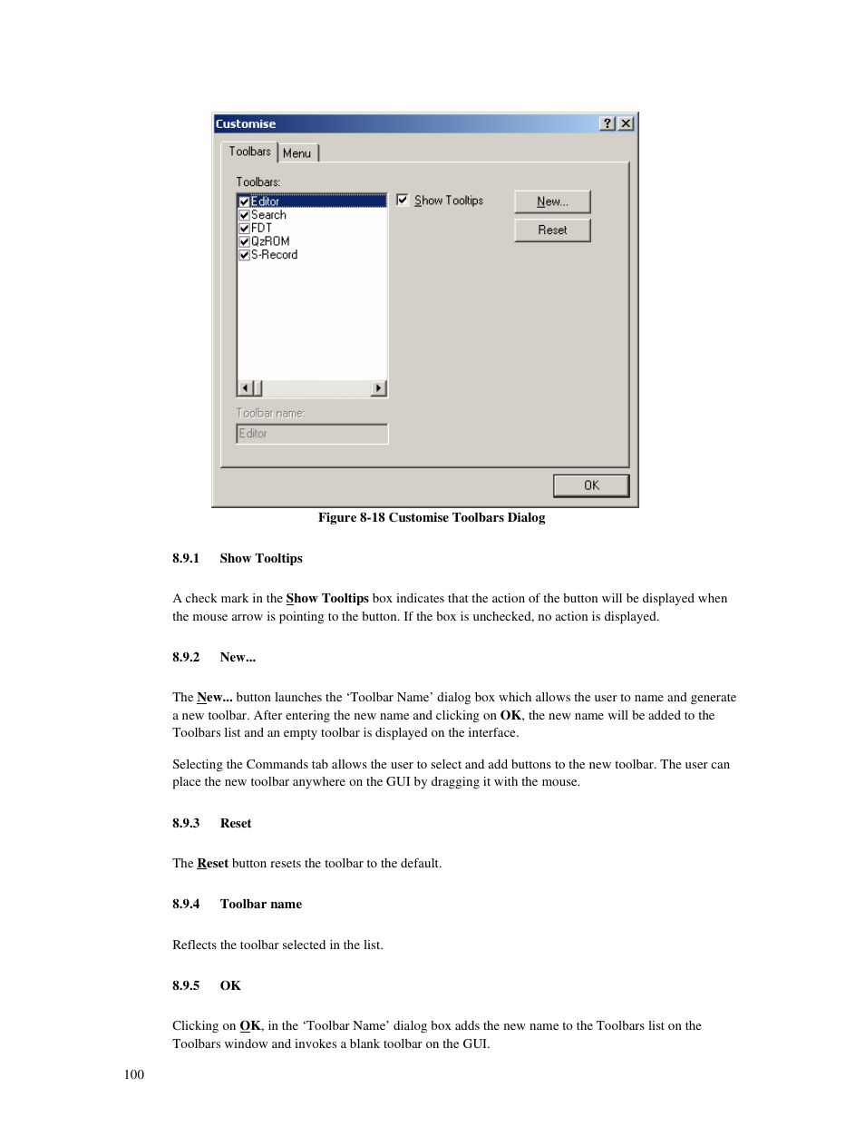 1 show tooltips, 2 new, 3 reset | 4 toolbar name, 5 ok | Renesas Single-Chip Microcomputer M306NKT3 User Manual | Page 116 / 147