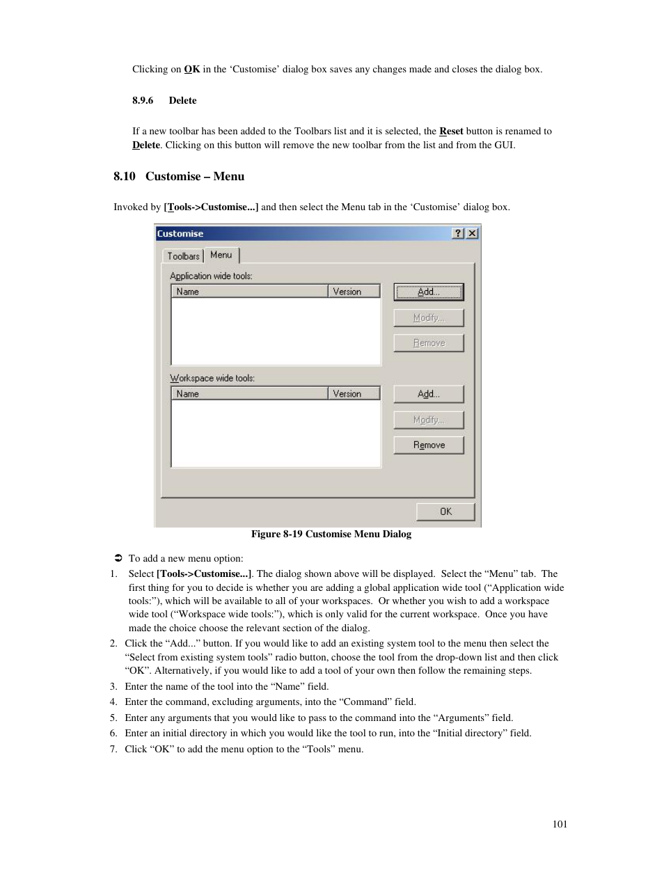 6 delete, 10 customise – menu | Renesas Single-Chip Microcomputer M306NKT3 User Manual | Page 117 / 147