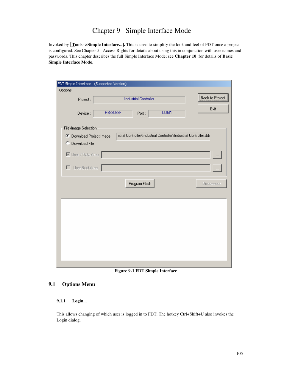 Chapter 9 simple interface mode, 1 options menu, 1 login | Renesas Single-Chip Microcomputer M306NKT3 User Manual | Page 121 / 147