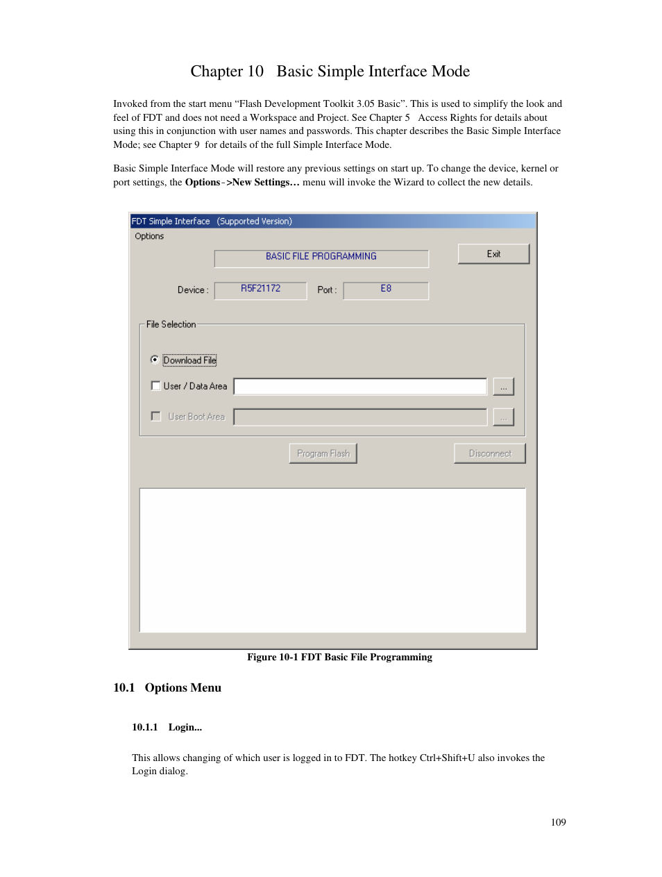 Chapter 10 basic simple interface mode, 1 options menu, 1 login | Renesas Single-Chip Microcomputer M306NKT3 User Manual | Page 125 / 147