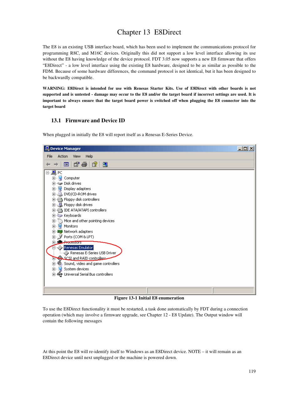 Chapter 13 e8direct, 1 firmware and device id | Renesas Single-Chip Microcomputer M306NKT3 User Manual | Page 135 / 147