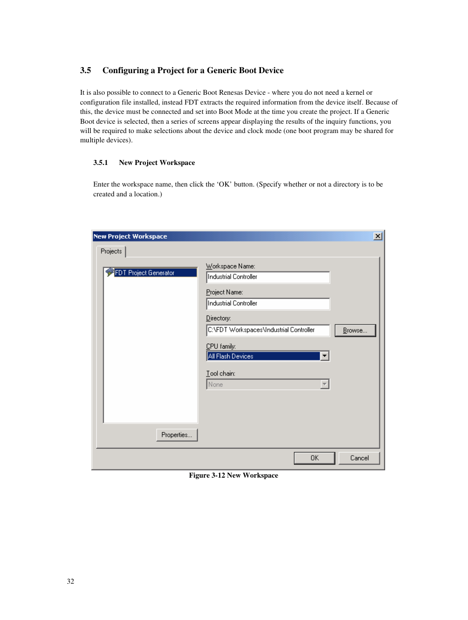 5 configuring a project for a generic boot device, 1 new project workspace | Renesas Single-Chip Microcomputer M306NKT3 User Manual | Page 48 / 147