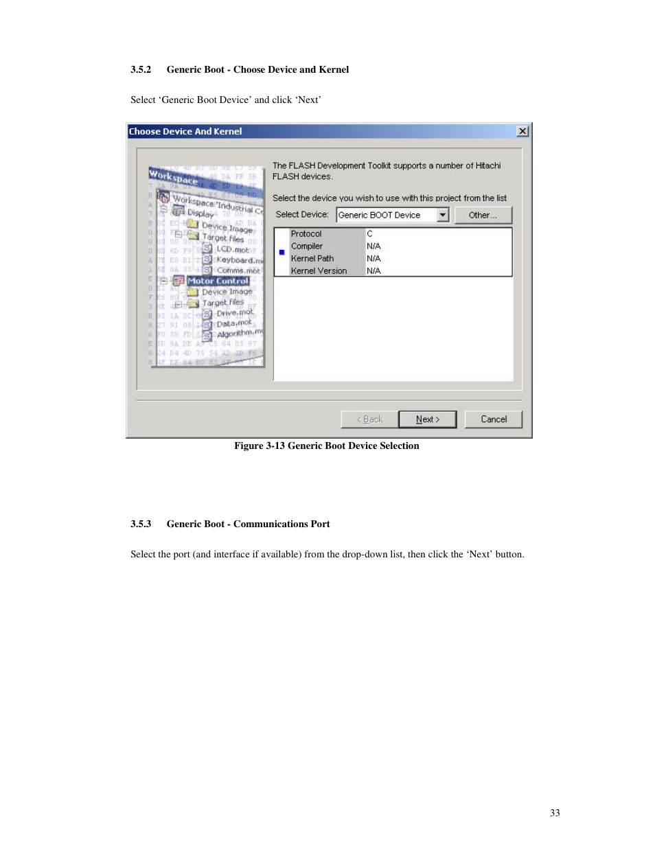 2 generic boot - choose device and kernel, 3 generic boot - communications port | Renesas Single-Chip Microcomputer M306NKT3 User Manual | Page 49 / 147