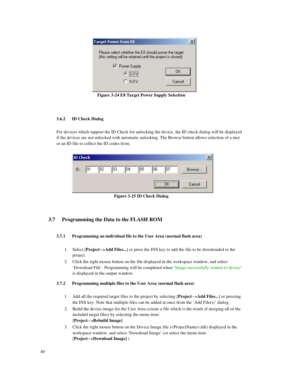 2 id check dialog, 7 programming the data to the flash rom | Renesas Single-Chip Microcomputer M306NKT3 User Manual | Page 56 / 147