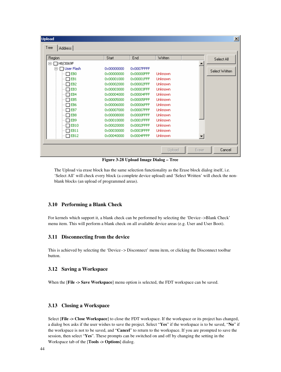 10 performing a blank check, 11 disconnecting from the device, 12 saving a workspace | 13 closing a workspace | Renesas Single-Chip Microcomputer M306NKT3 User Manual | Page 60 / 147