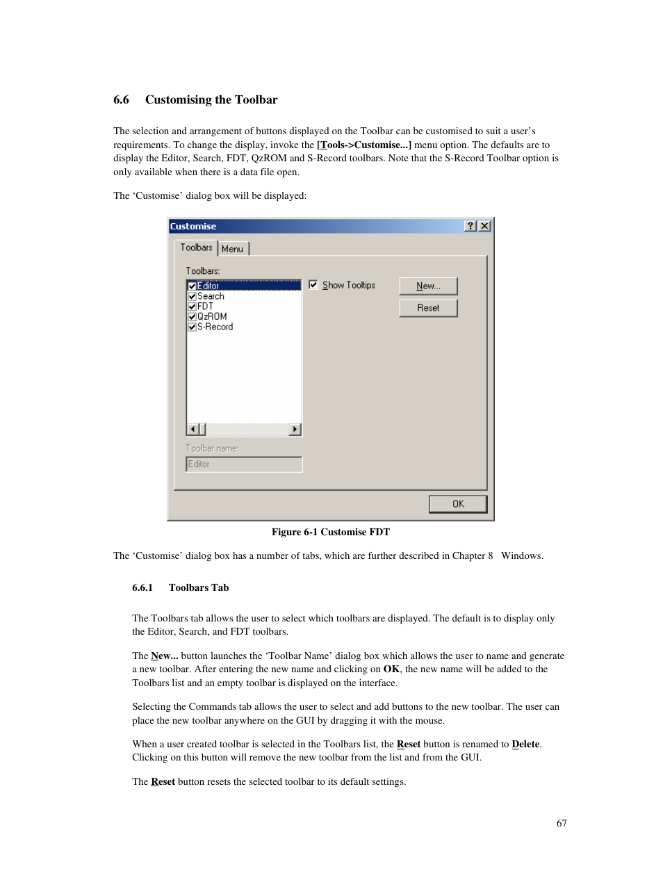 6 customising the toolbar, 1 toolbars tab | Renesas Single-Chip Microcomputer M306NKT3 User Manual | Page 83 / 147