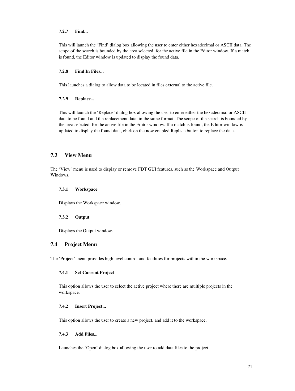 7 find, 8 find in files, 9 replace | 3 view menu, 1 workspace, 2 output, 4 project menu, 1 set current project, 2 insert project, 3 add files | Renesas Single-Chip Microcomputer M306NKT3 User Manual | Page 87 / 147