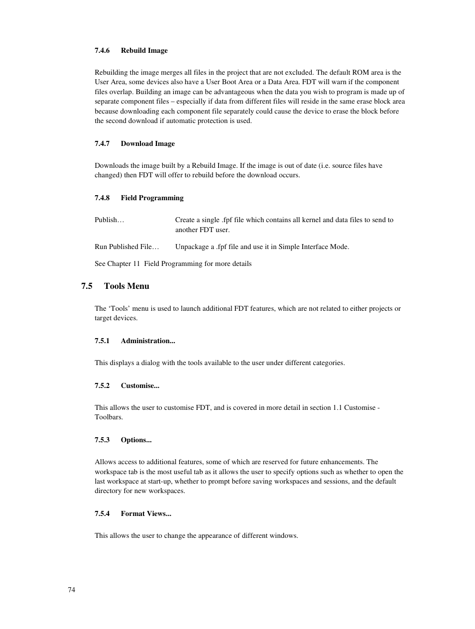 6 rebuild image, 7 download image, 8 field programming | 5 tools menu, 1 administration, 2 customise, 3 options, 4 format views | Renesas Single-Chip Microcomputer M306NKT3 User Manual | Page 90 / 147