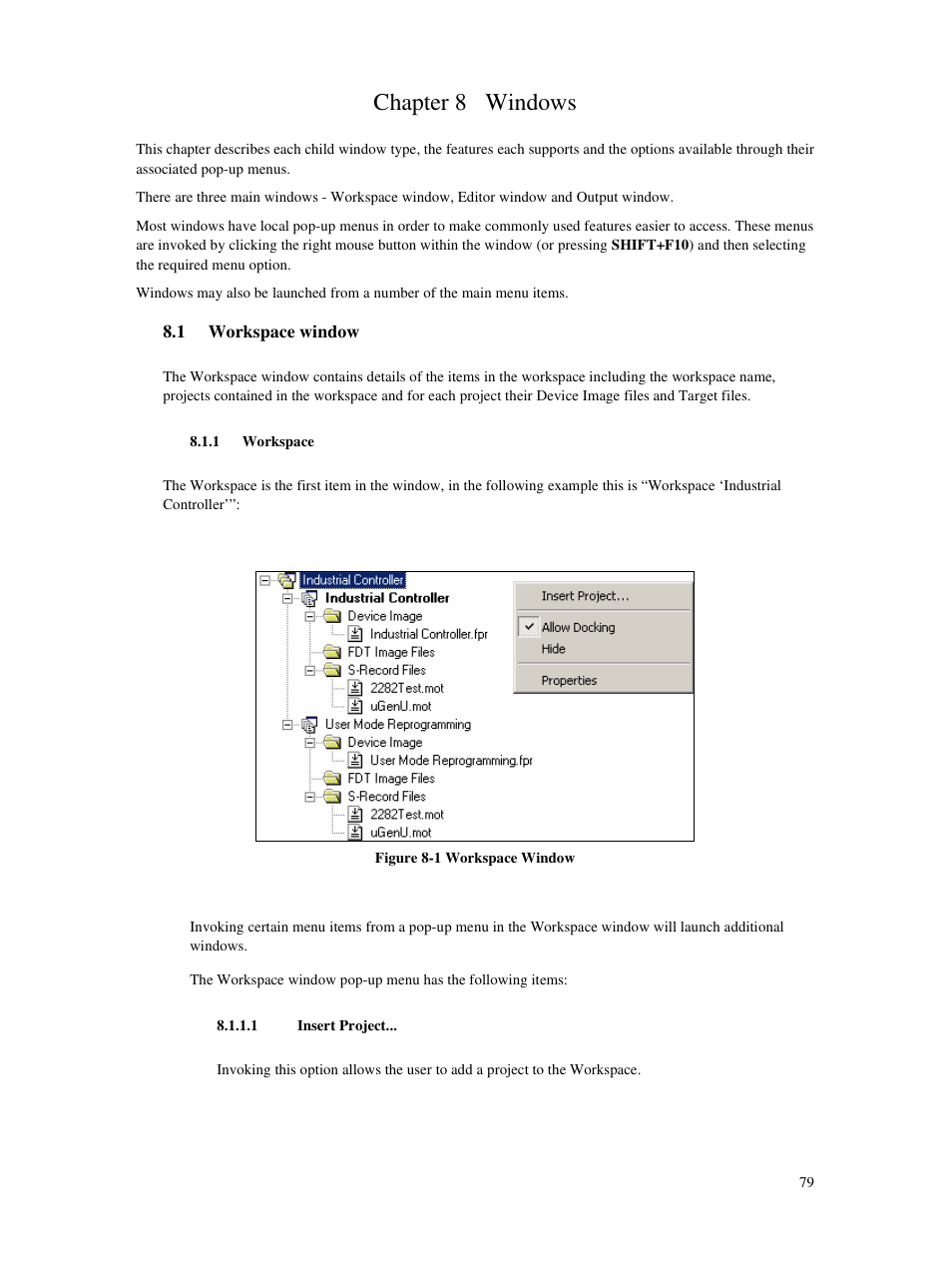 Chapter 8 windows, 1 workspace window, 1 workspace | 1 insert project | Renesas Single-Chip Microcomputer M306NKT3 User Manual | Page 95 / 147