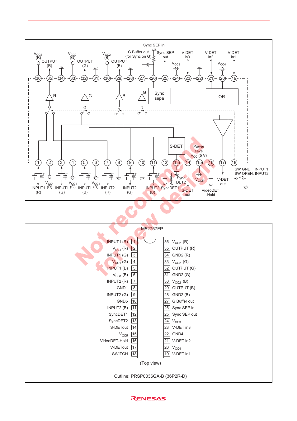 Block diagram, Pin arrangement | Renesas M52757FP User Manual | Page 2 / 7