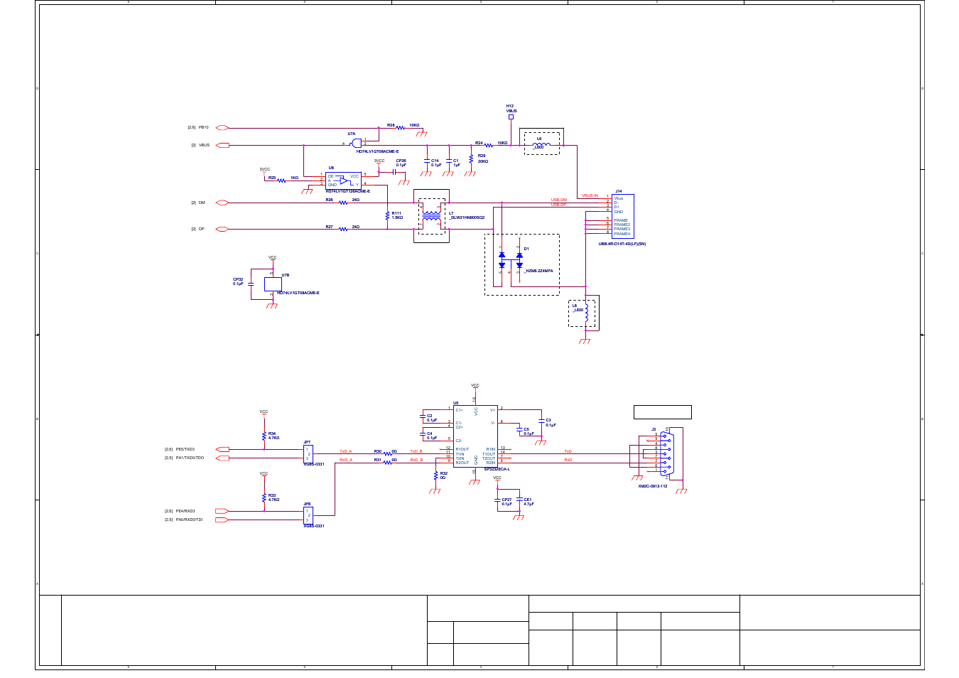 Usb/serial interface, M3a-hs85, Usb connector | Renesas solutions corporation, Ver. 1.03, Change, Serial port connector(com), Date approved scale designed checked drawn, Usb b, Decoupling caps for sp3232e | Renesas M3A-HS85 User Manual | Page 64 / 70