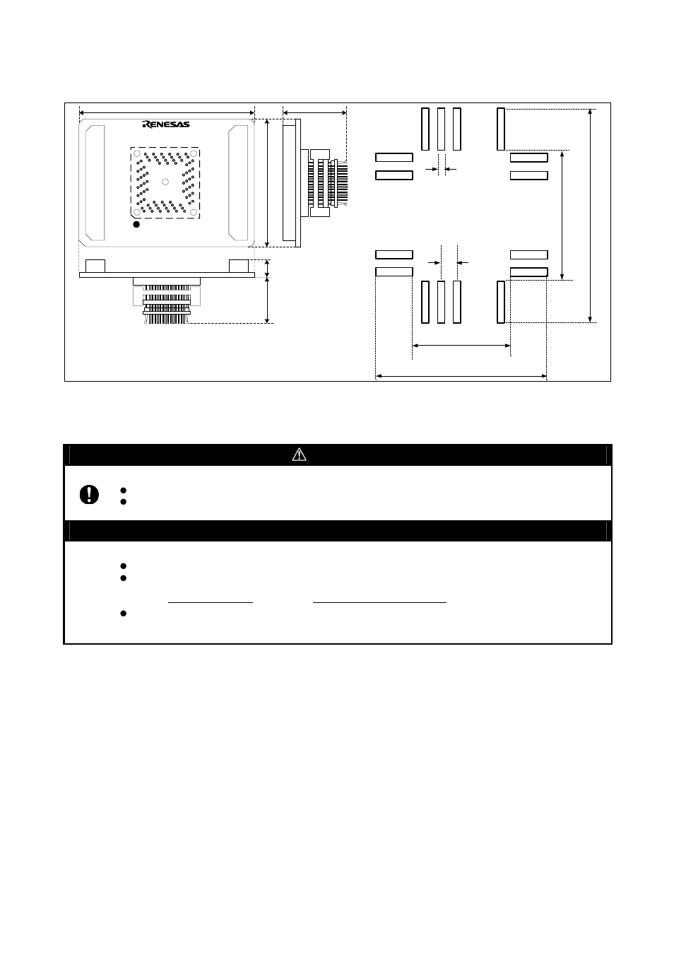 External dimensions and a sample foot pattern, Precautions, Caution | Important, Caution to be taken for this product | Renesas Converter Board M3T-F160-80NSD User Manual | Page 3 / 4