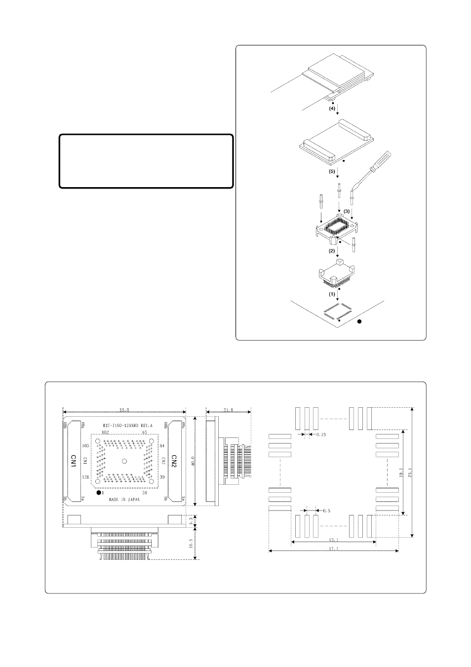 Connection procedure, External dimensions and a sample foot pattern | Renesas Converter Board M3T-F160-128NRD User Manual | Page 5 / 6