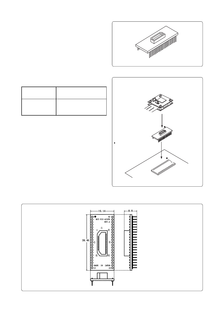 Outline, Package components, Specifications | Connection procedure, External dimensions, Package components (see figure 1), Connection procedure (see figure 2) | Renesas Converter Board M3T-FLX-42SPB User Manual | Page 4 / 5