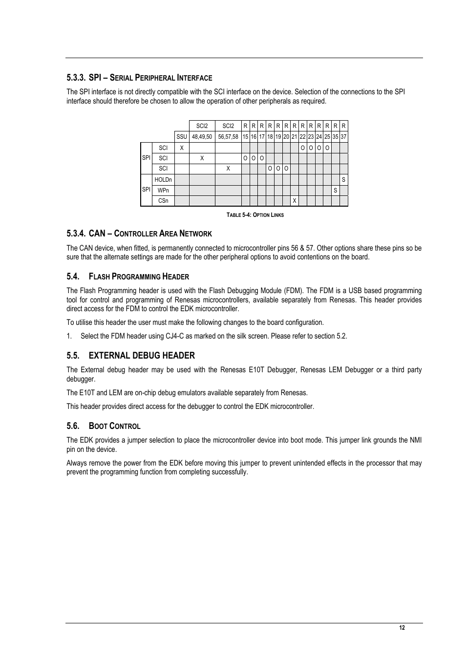 Spi – serial peripheral interface, Can – controller area network, Flash programming header | External debug header, Boot control, Spi – s, Can – c | Renesas EDK3687 User Manual | Page 12 / 16
