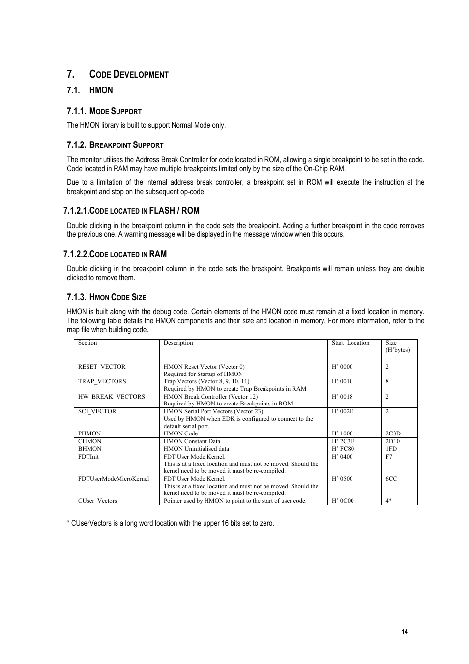 Code development, Hmon, Mode support | Breakpoint support, Code located in flash / rom, Code located in ram, Hmon code size, Evelopment, Hmon 7.1.1. m, Flash / rom | Renesas EDK3687 User Manual | Page 14 / 16