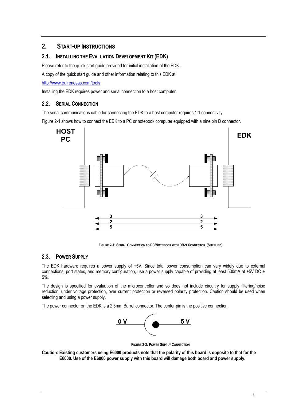 Start-up instructions, Installing the evaluation development kit (edk), Serial connection | Power supply, Tart, Nstructions, Host pc edk, Edk) | Renesas EDK3687 User Manual | Page 4 / 16
