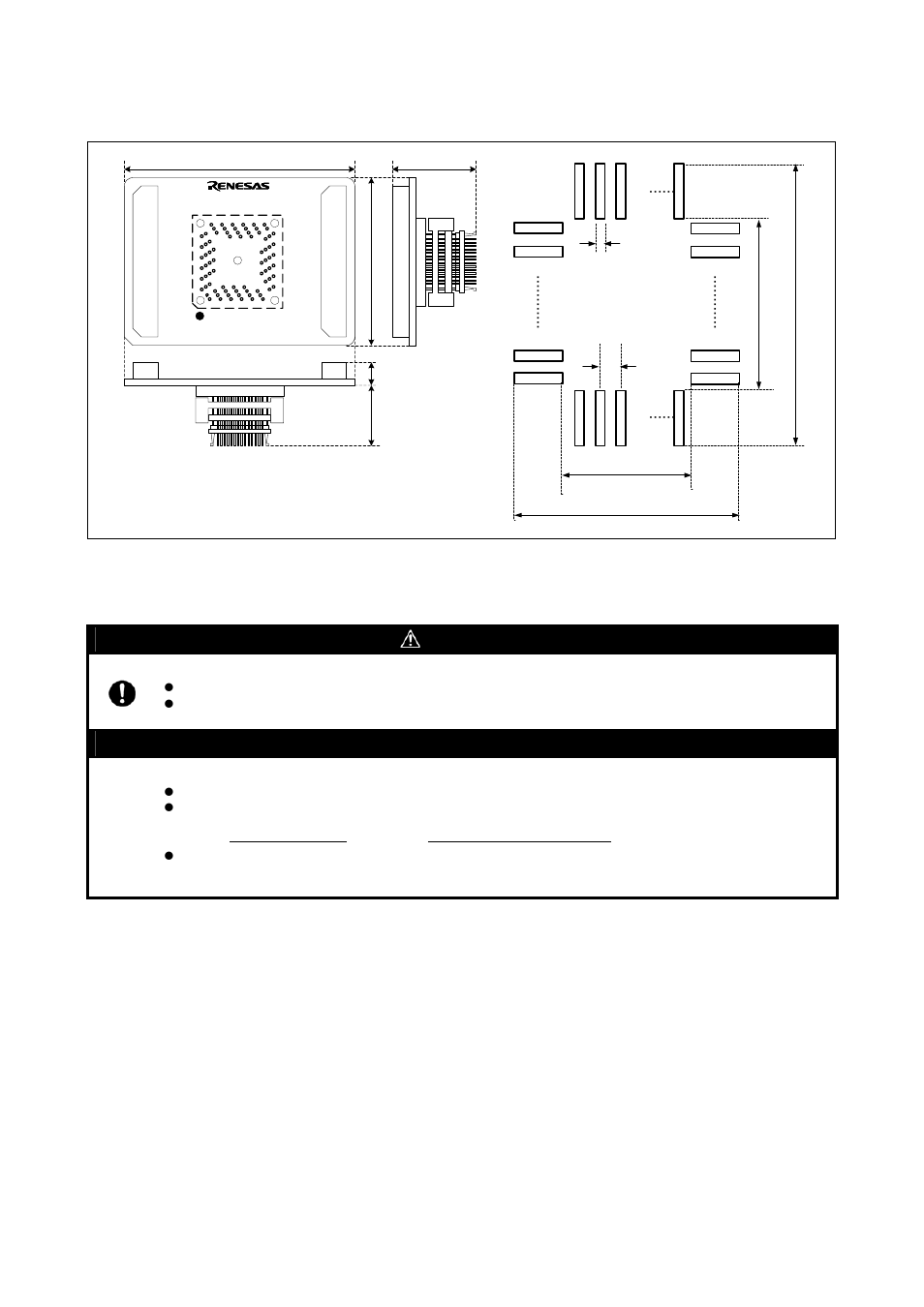 External dimensions and a sample foot pattern, Precautions, Caution | Important, Caution to be taken for this product | Renesas Converter Board M3T-F160-64NSD User Manual | Page 5 / 6