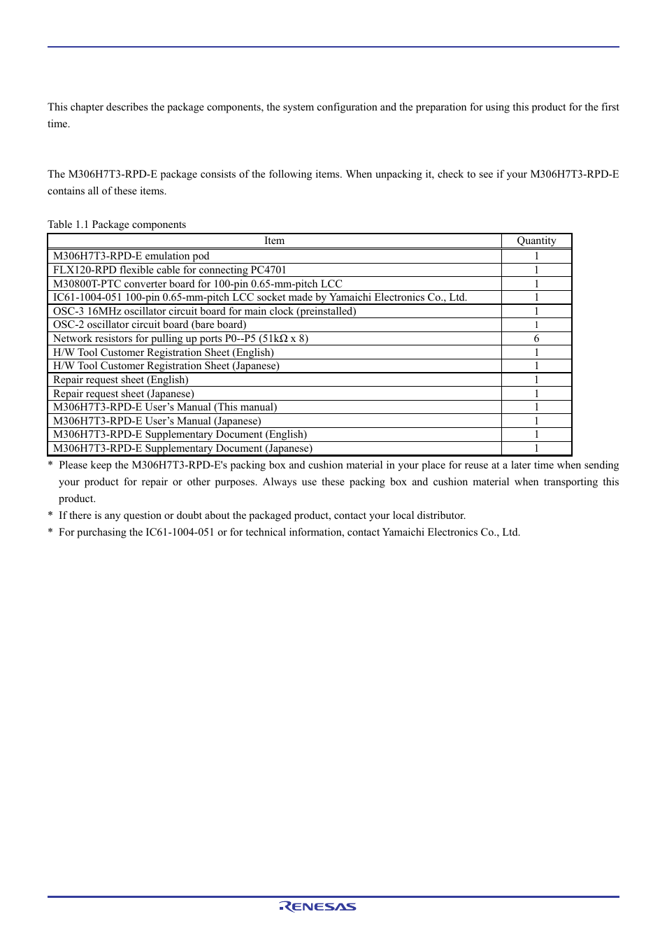 Outline, 1 package components | Renesas Emulation Pod M306H7T3-RPD-E User Manual | Page 15 / 90