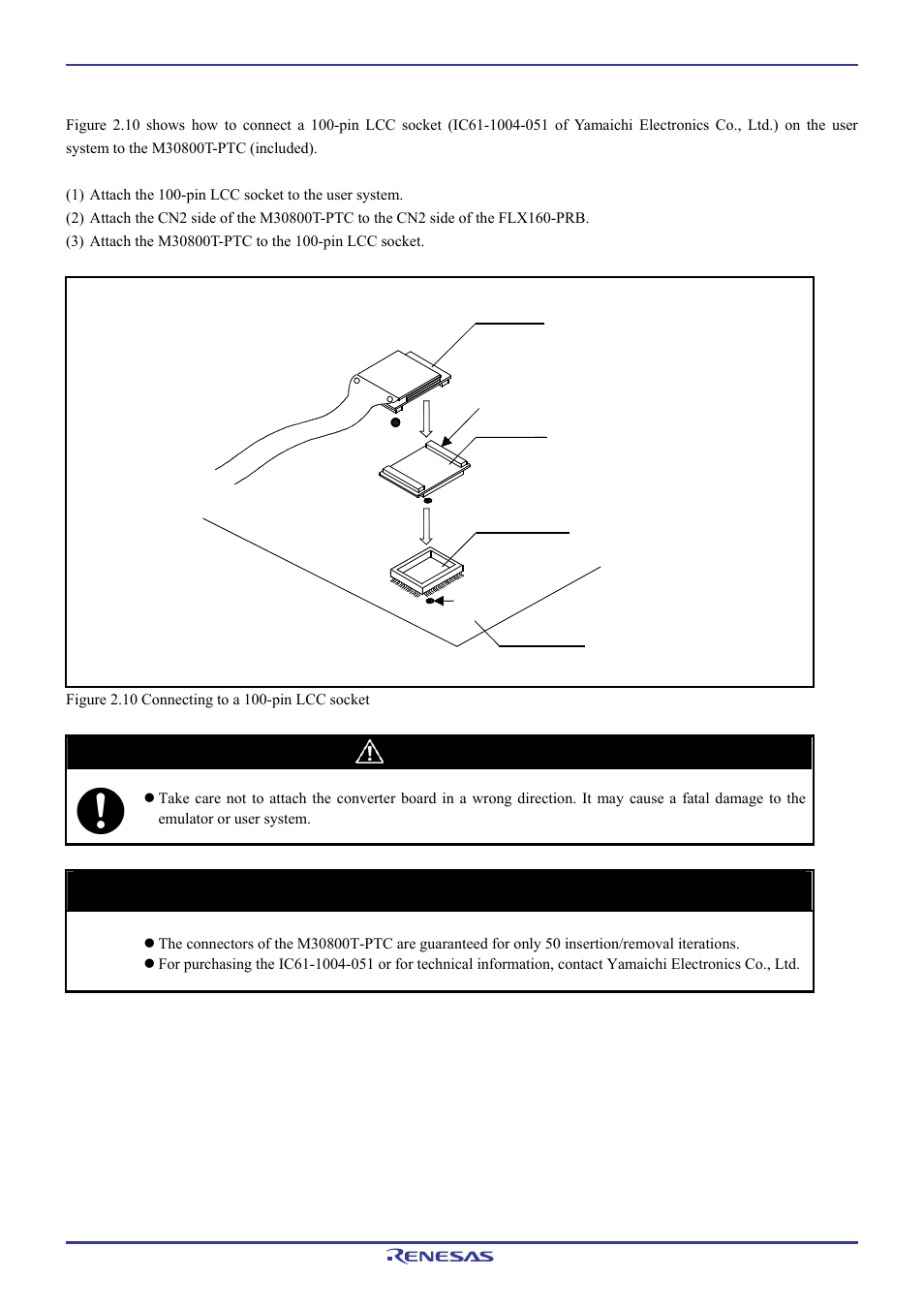 1 connecting to a 100-pin lcc socket, Caution, Important | Renesas Emulation Pod M306H7T3-RPD-E User Manual | Page 34 / 90