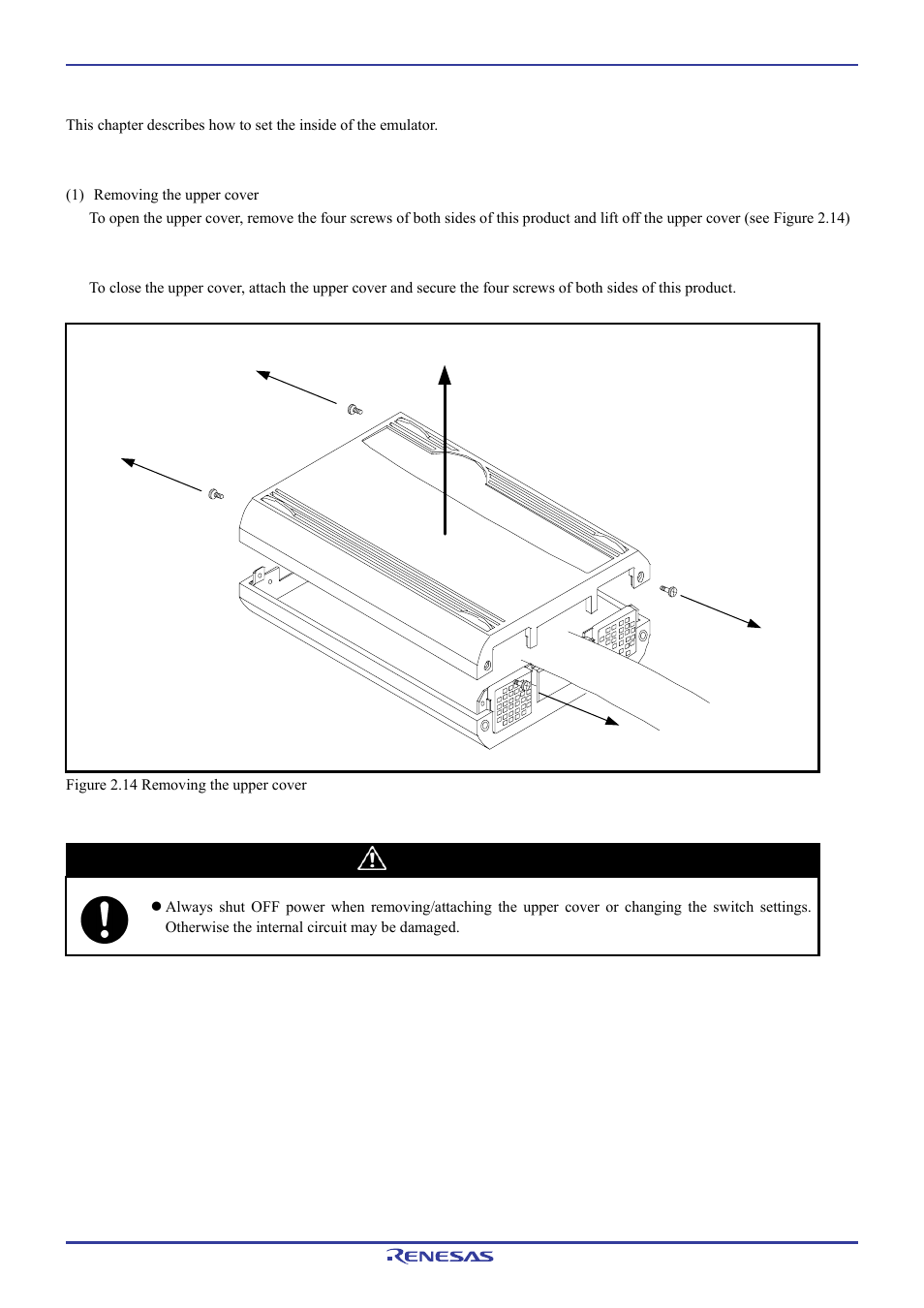 9 changing settings, 1 removing/attaching the upper cover, Caution | Renesas Emulation Pod M306H7T3-RPD-E User Manual | Page 38 / 90