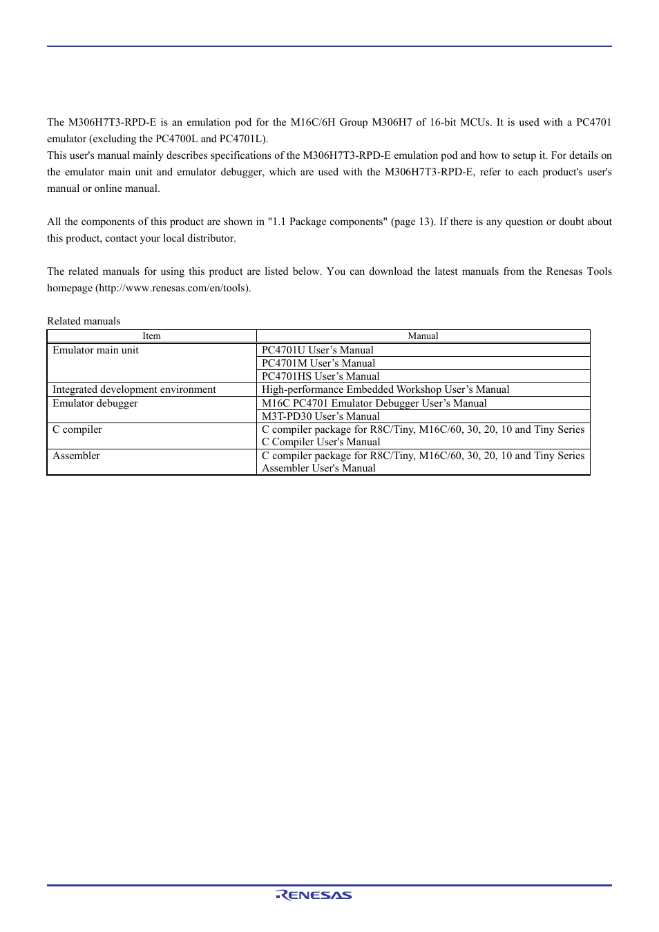Preface | Renesas Emulation Pod M306H7T3-RPD-E User Manual | Page 5 / 90