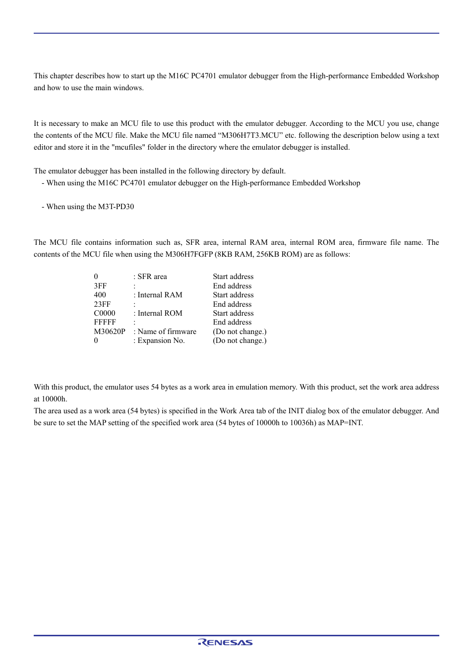 Usage (how to use the emulator debugger), Making an mcu file, 2 setting the work area | Renesas Emulation Pod M306H7T3-RPD-E User Manual | Page 50 / 90