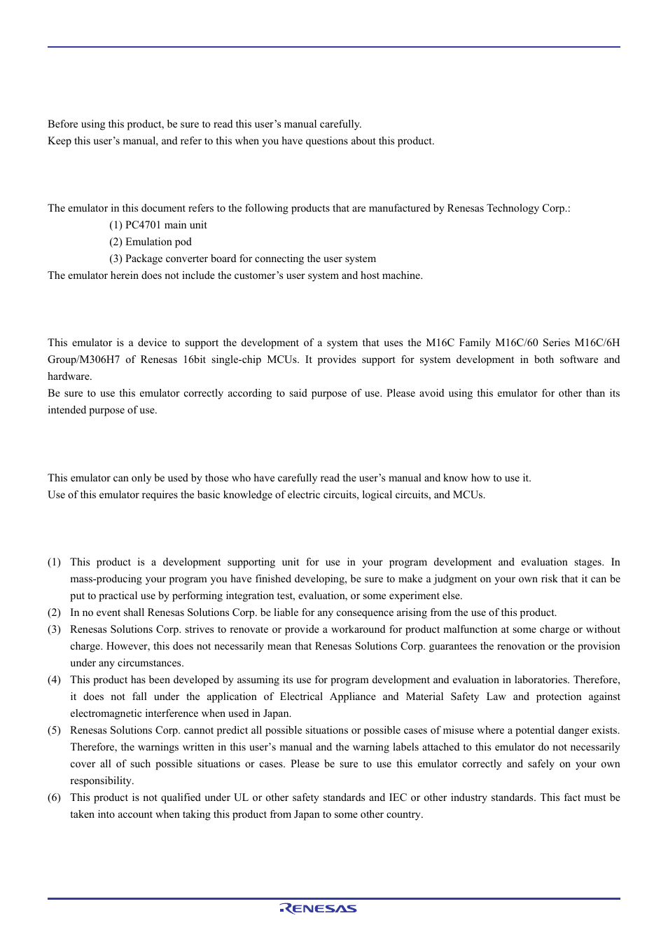Important | Renesas Emulation Pod M306H7T3-RPD-E User Manual | Page 6 / 90