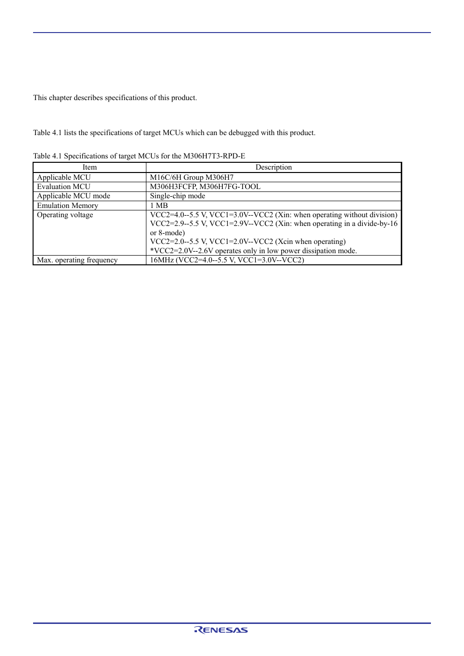Hardware specifications, 1 target mcu specifications | Renesas Emulation Pod M306H7T3-RPD-E User Manual | Page 71 / 90
