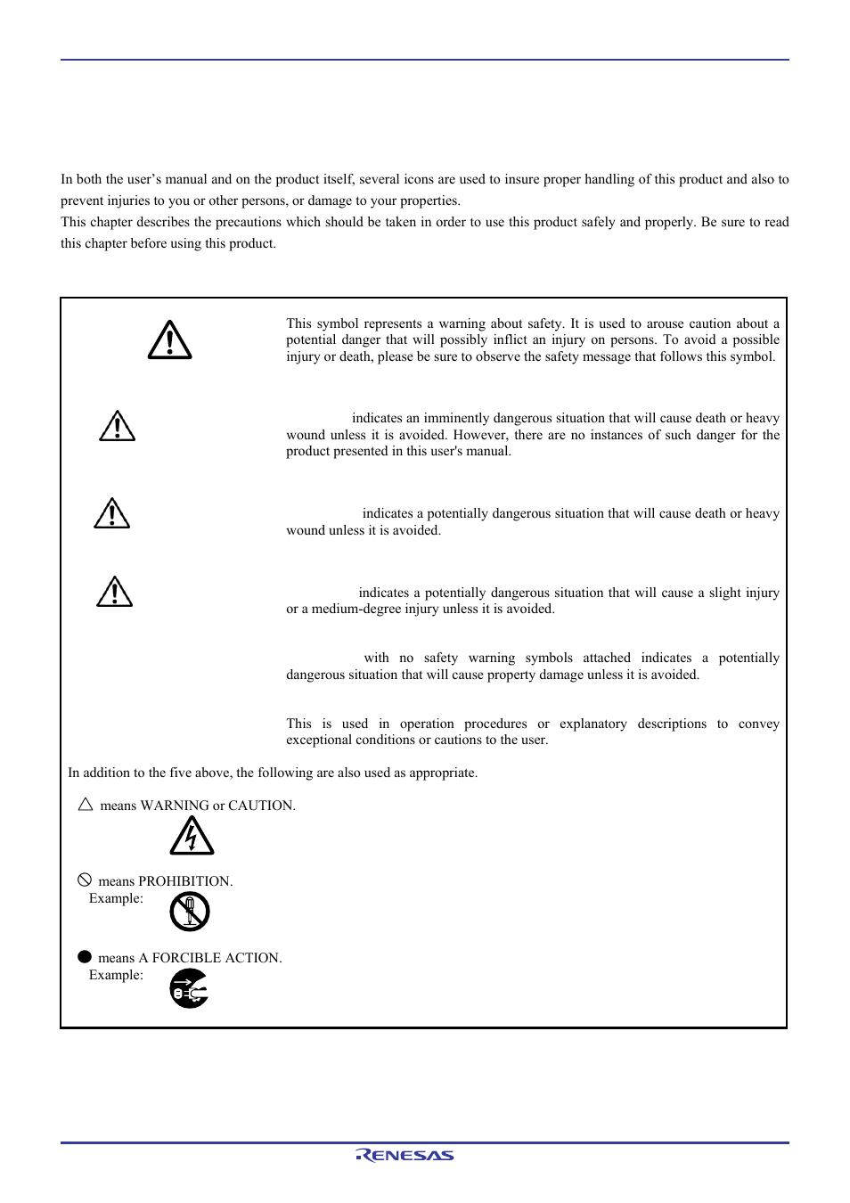 Precautions for safety, Danger, Warning | Caution, Important, Caution against an electric shock, Disassembly prohibited, Unplug the power cable from the receptacle | Renesas Emulation Pod M306H7T3-RPD-E User Manual | Page 8 / 90
