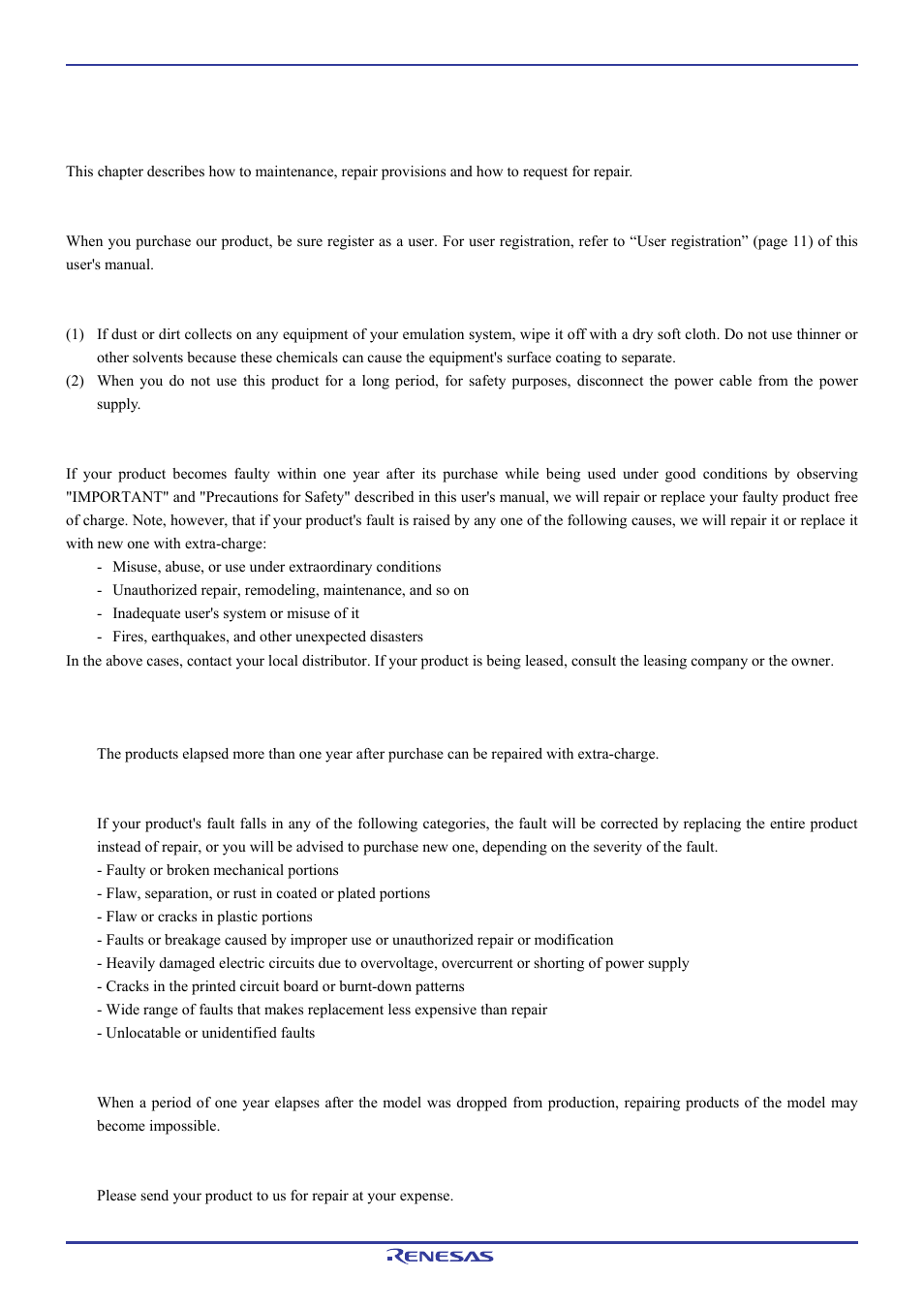 Maintenance and guarantee, 1 user registration, 2 maintenance | 3 guarantee, 4 repair provisions | Renesas Emulation Pod M306H7T3-RPD-E User Manual | Page 87 / 90