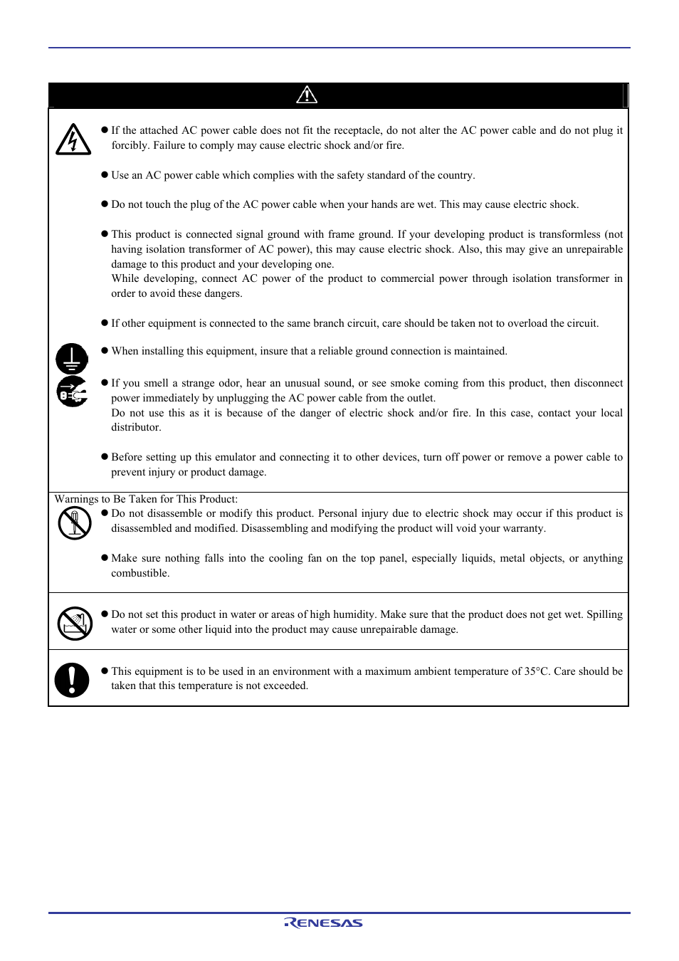 Warning | Renesas Emulation Pod M306H7T3-RPD-E User Manual | Page 9 / 90