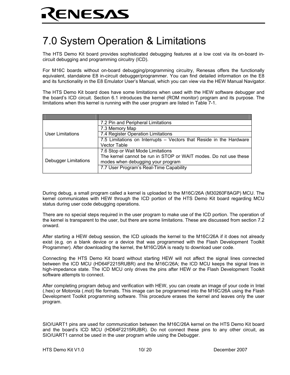 0 system operation & limitations, Kernel (rom monitor) introduction, Pin and peripheral limitations | Renesas HEW Target User Manual | Page 10 / 20