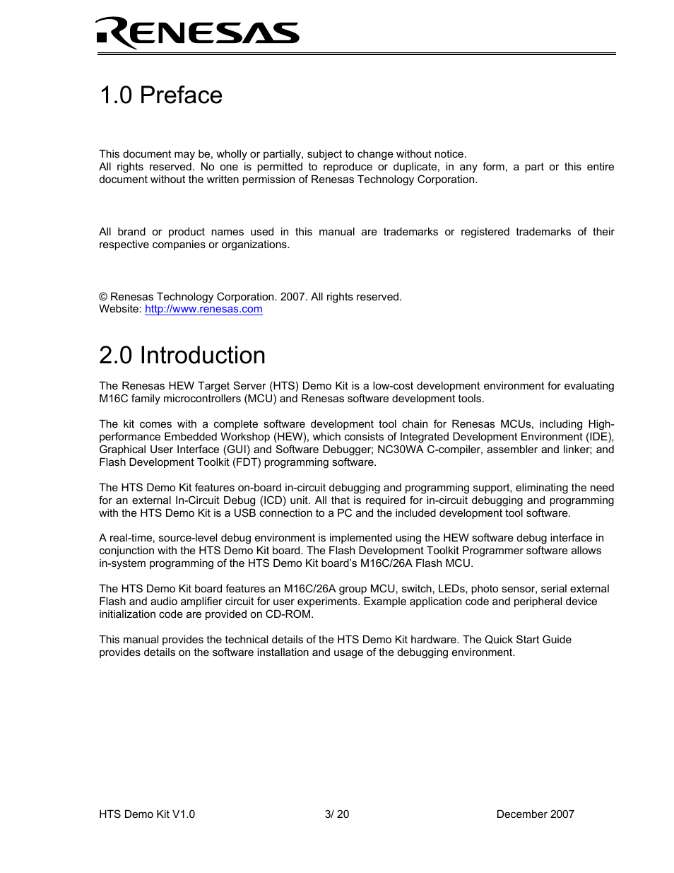 Cautions, Trademarks, Copyright | 0 introduction, 0 preface | Renesas HEW Target User Manual | Page 3 / 20