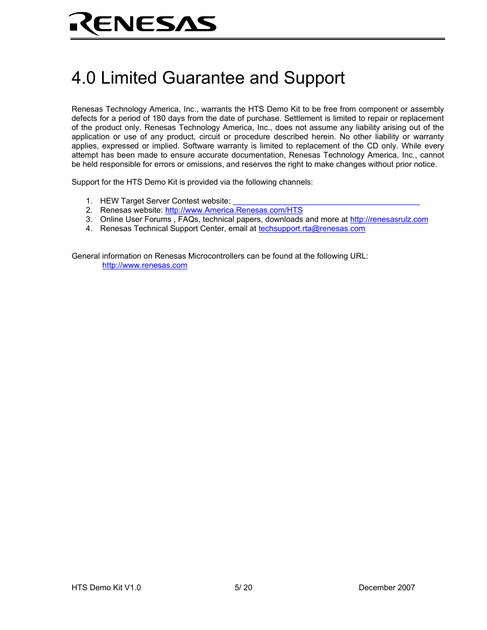 0 limited guarantee and support | Renesas HEW Target User Manual | Page 5 / 20