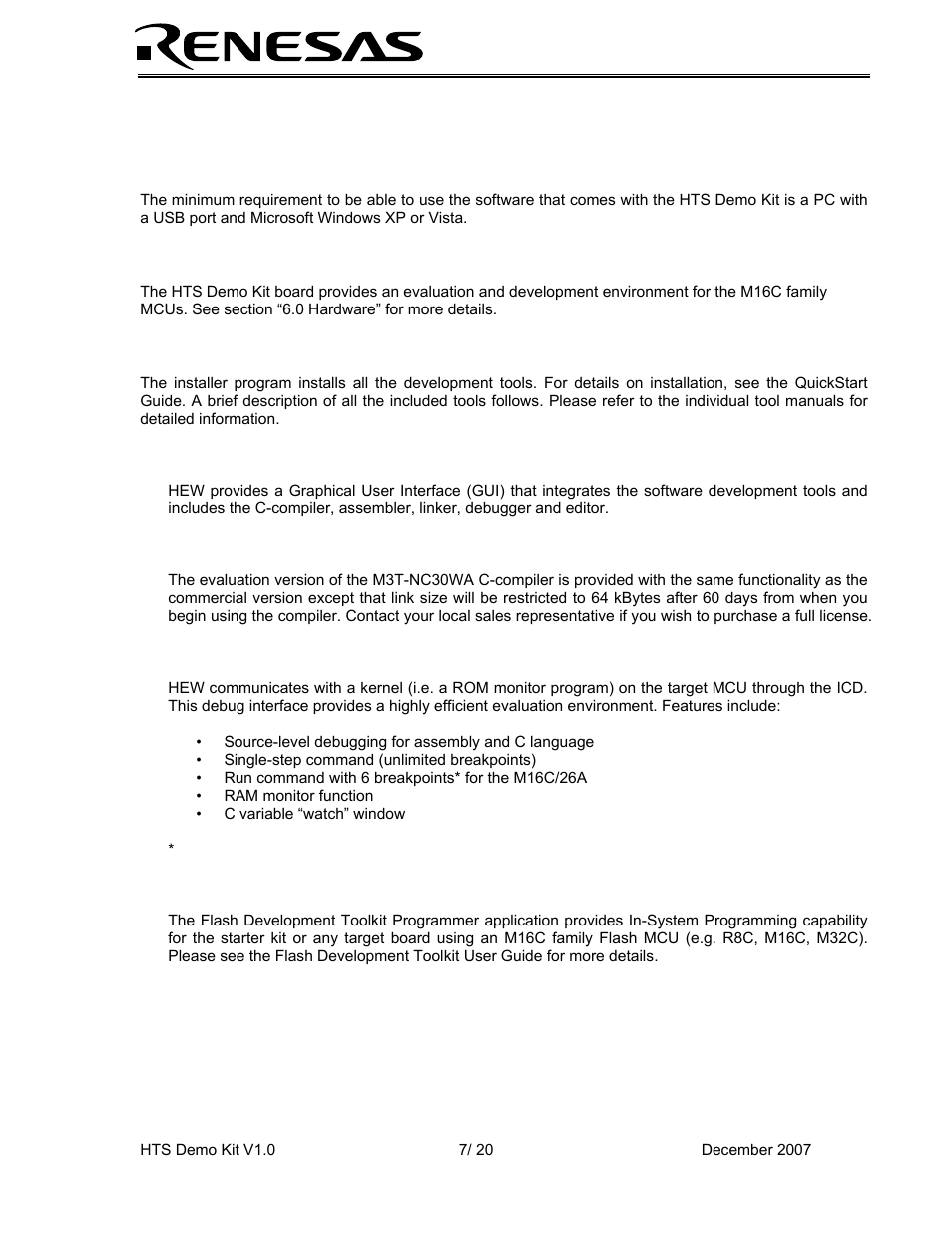 Host computer requirements, Hts demo kit board, Software development tools | Hew (high-performance embedded workshop), Nc30wa evaluation version c compiler, Hew debug interface, Flash development toolkit | Renesas HEW Target User Manual | Page 7 / 20