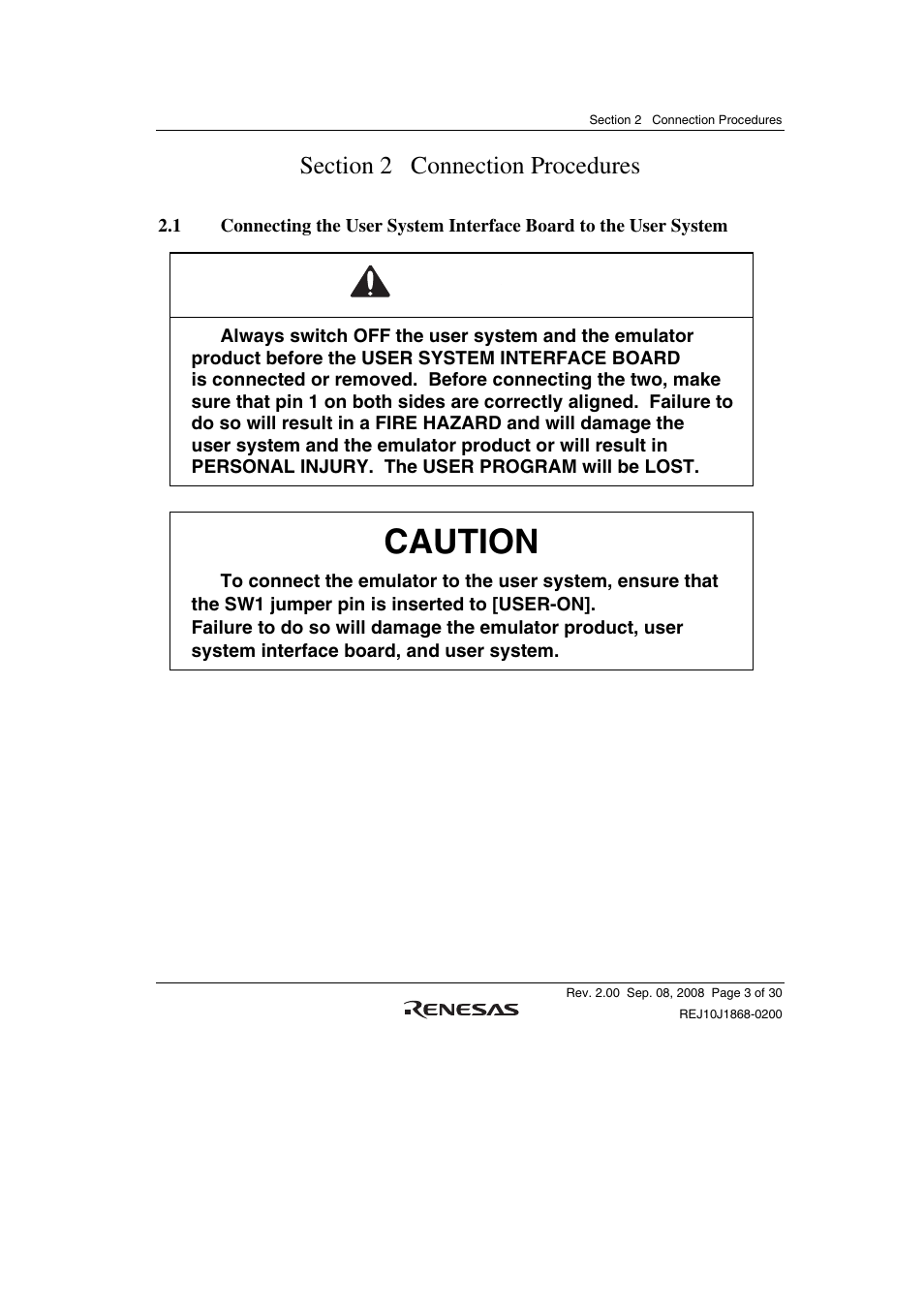 Section 2 connection procedures, Caution, Warning | Renesas H8SX/1658R User Manual | Page 19 / 50