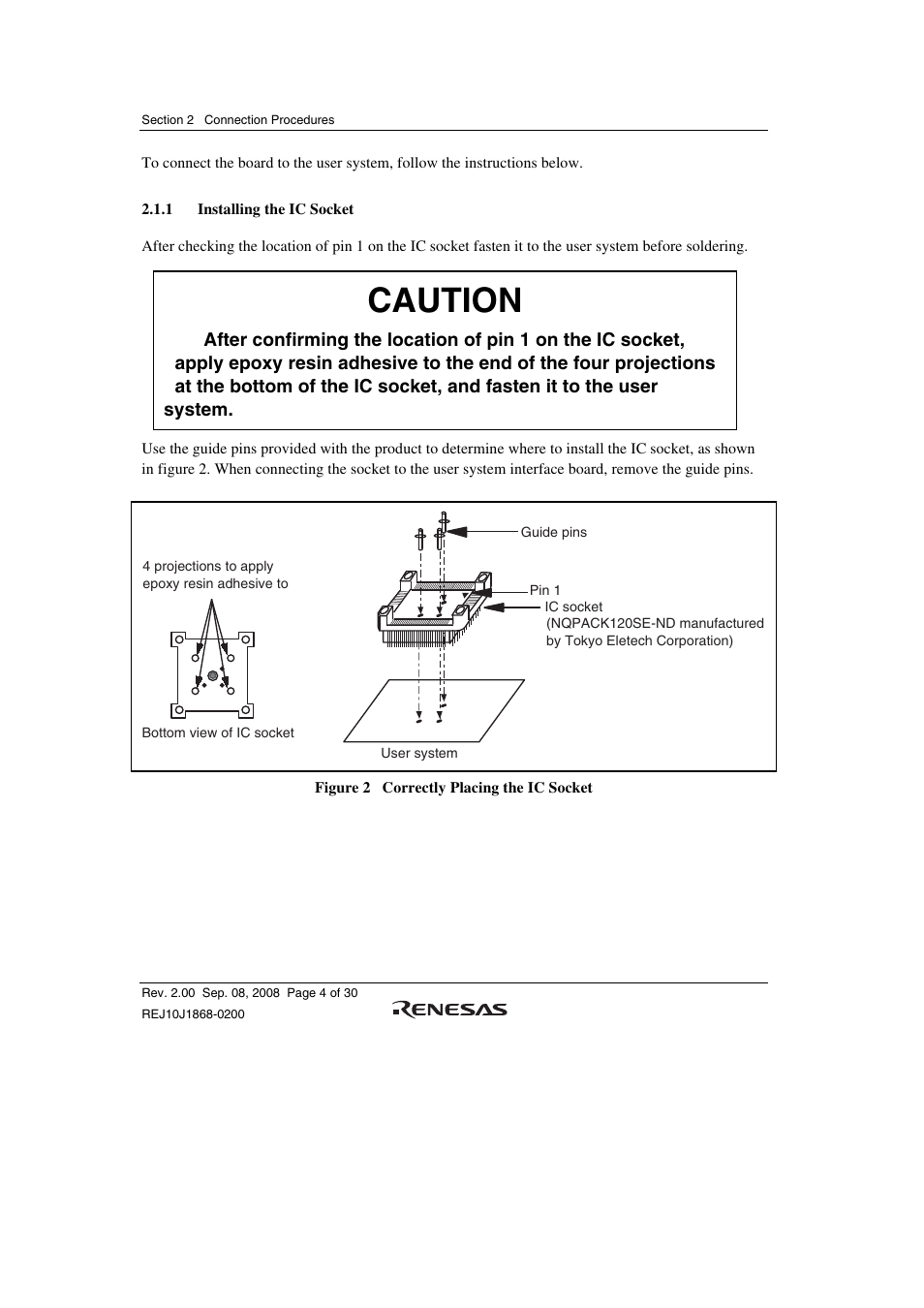 1 installing the ic socket, Caution | Renesas H8SX/1658R User Manual | Page 20 / 50