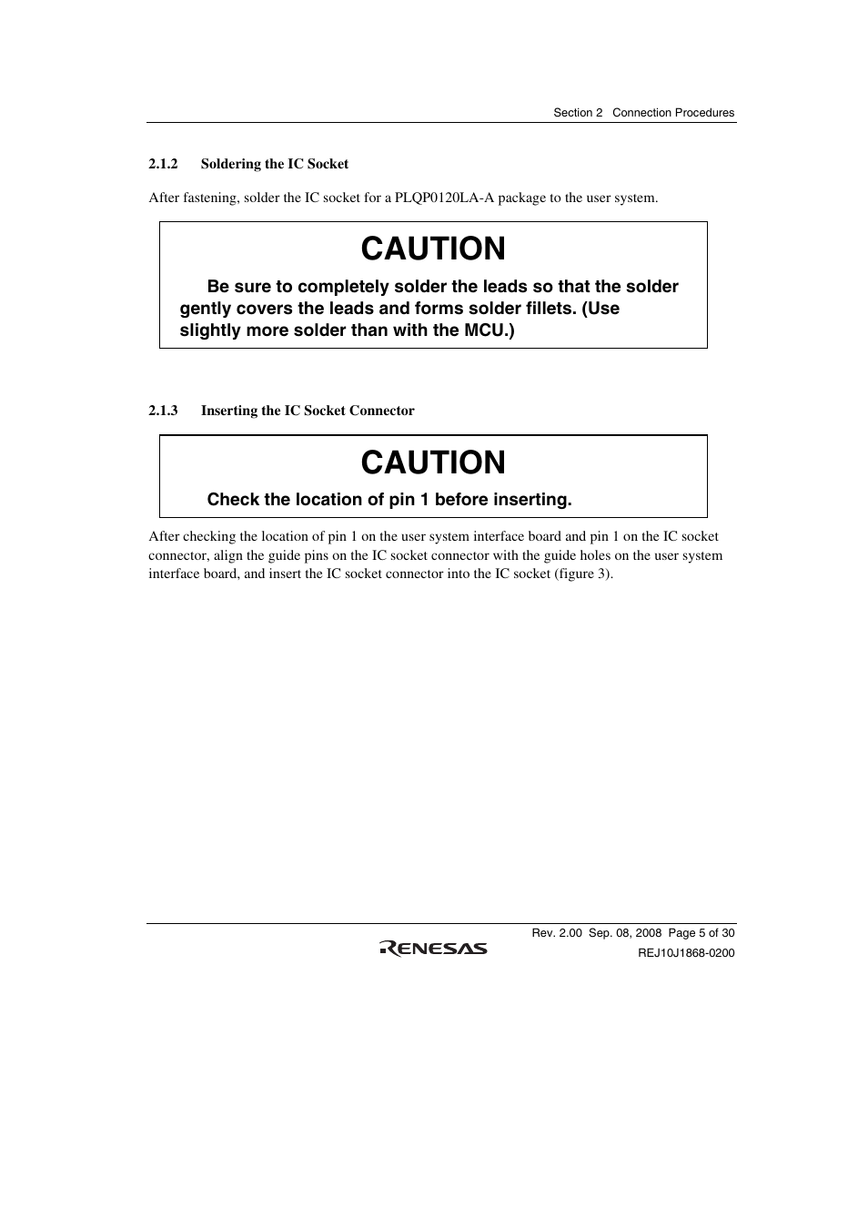 2 soldering the ic socket, 3 inserting the ic socket connector, Caution | Renesas H8SX/1658R User Manual | Page 21 / 50