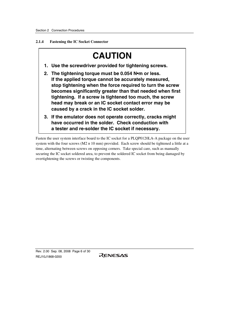 4 fastening the ic socket connector, Caution | Renesas H8SX/1658R User Manual | Page 22 / 50