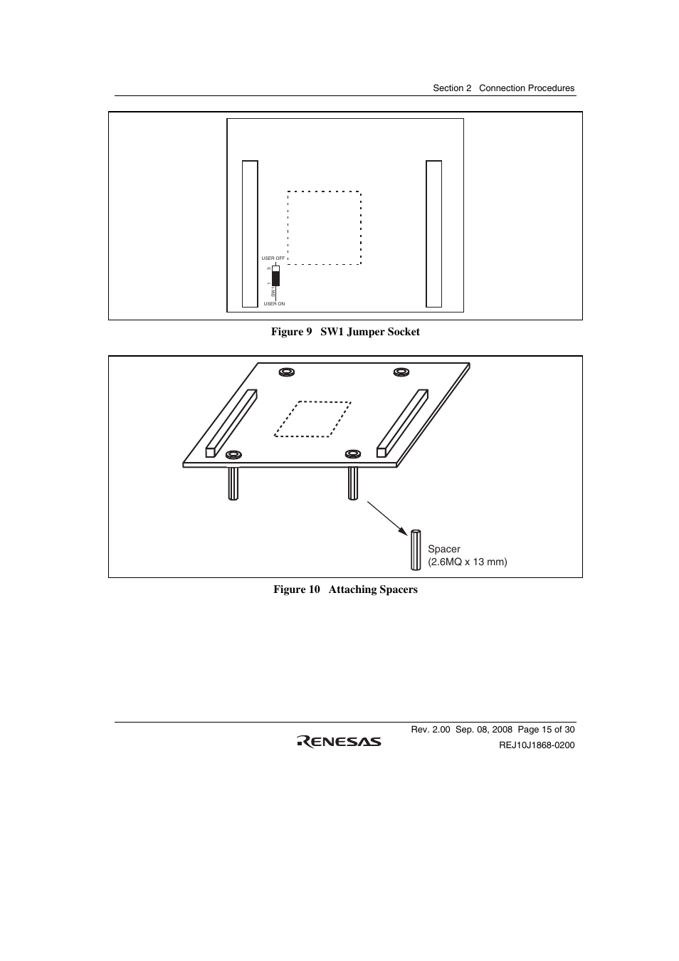 Figure 9 sw1 jumper socket, Figure 10 attaching spacers | Renesas H8SX/1658R User Manual | Page 31 / 50