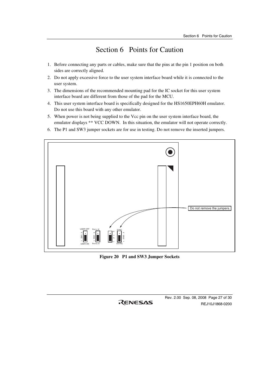 Section 6 points for caution, Figure 20 p1 and sw3 jumper sockets | Renesas H8SX/1658R User Manual | Page 43 / 50