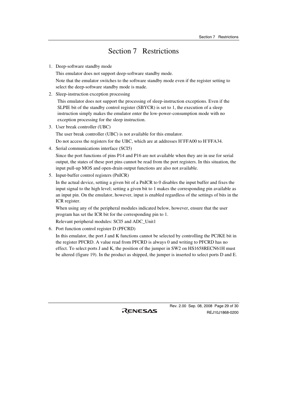 Section 7 restrictions | Renesas H8SX/1658R User Manual | Page 45 / 50