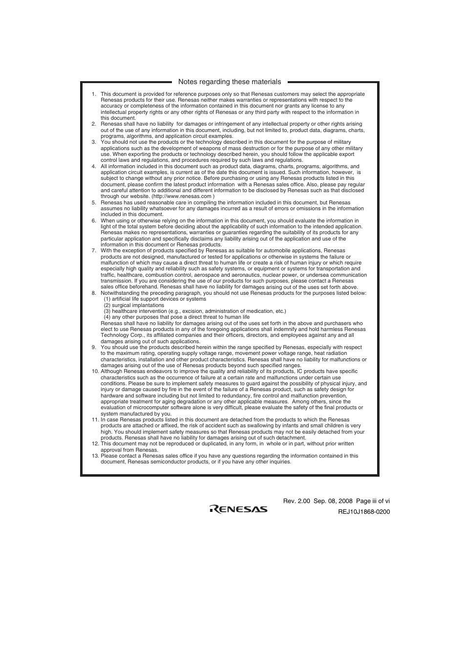 Notes regarding these materials | Renesas H8SX/1658R User Manual | Page 5 / 50