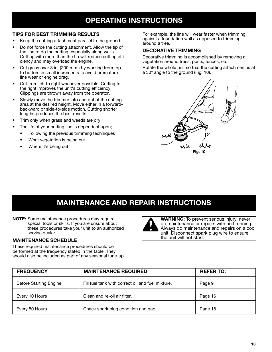Operating instructions, Maintenance and repair instructions | Ryobi 2079r User Manual | Page 13 / 24